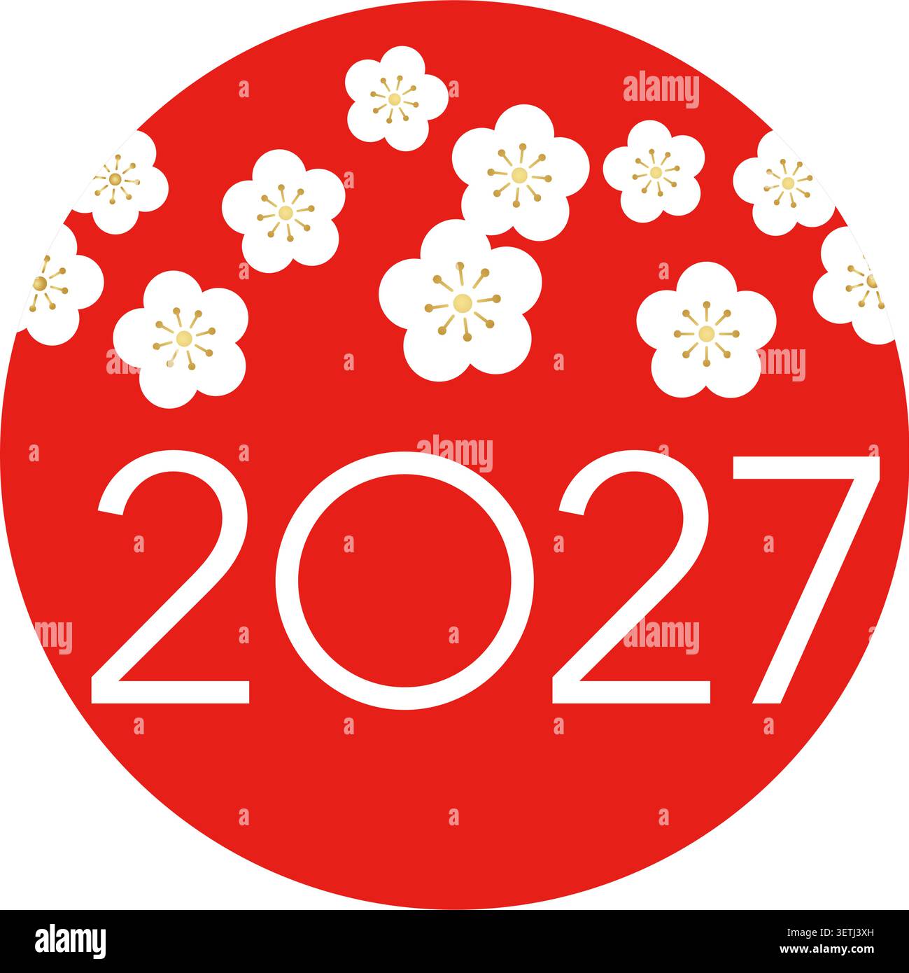 Il simbolo di auguri di Capodanno per l'anno 2027 con il sole rosso che sorge e i fiori di prugno bianchi. Illustrazione vettoriale isolata su sfondo bianco. Illustrazione Vettoriale
