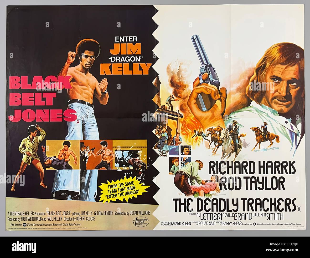 Poster a due lettere quadrupla del Regno Unito Black Belt Jones 1974 & The Deadly Trackers 1973. Poster del filmato originale Foto Stock