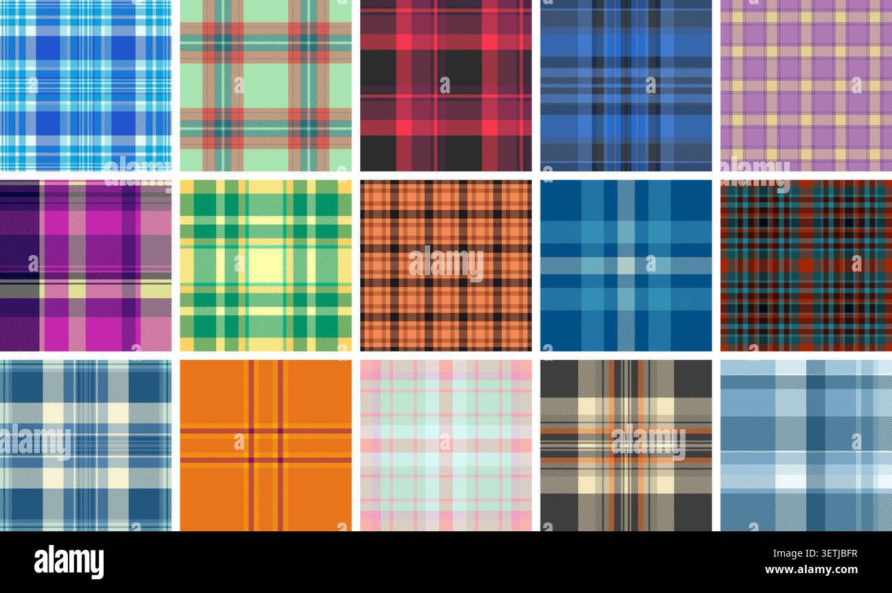 Versatile pacchetto a quadri creato per i progettisti che necessitano di varietà in un unico acquisto. La confezione include diversi motivi di tartan senza cuciture. Garanzia del formato vettoriale Illustrazione Vettoriale