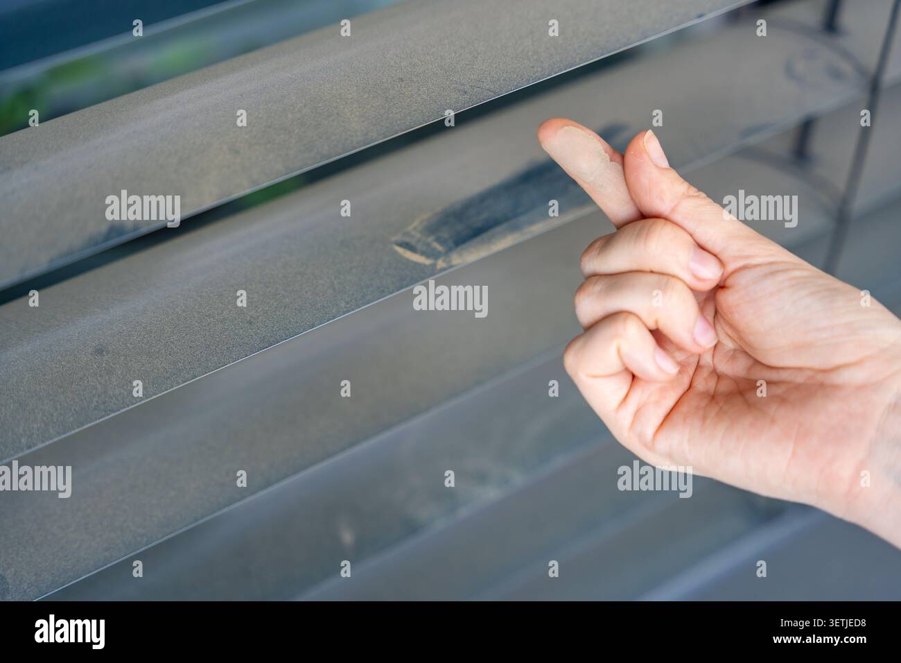 Tapparelle dei finestrini esterni polverose coperte di sporcizia. Concetto di pulizia e inquinamento ambientale. Foto Stock