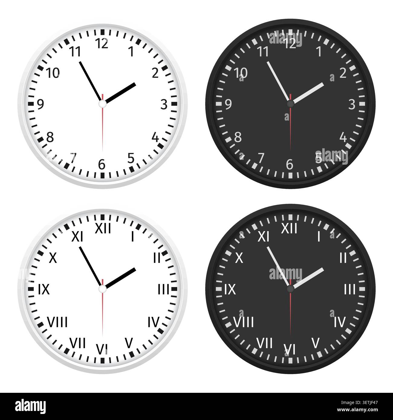 Orologi con numeri arabi e romani in temi chiari e scuri Illustrazione Vettoriale