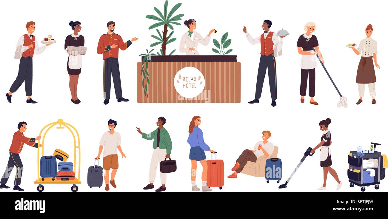Ospiti o personale dell'hotel. Visitatori con bagagli che effettuano il check-in nelle camere. Persone che assistono al check-in. Receptionista alla scrivania. Servizio di ospitalità. Concierge Illustrazione Vettoriale