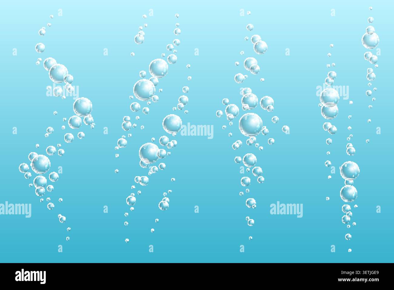 Bollicine in bevande gassate. Sfere d'aria realistiche e trasparenti fluiscono sott'acqua. Bevanda frizzante. Champagne o soda. Flusso d'acqua frizzante. Liquido pulito Illustrazione Vettoriale
