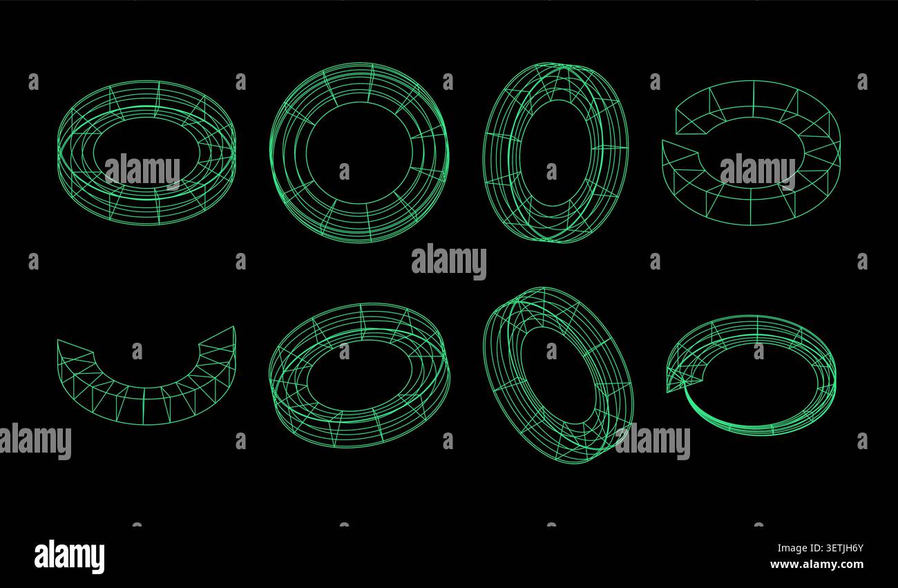 Set di forme toroidali a reticolo 3d con angoli e stili di taglio diversi, elementi geometrici astratti digitali per la tecnologia e il design futuristico Illustrazione Vettoriale