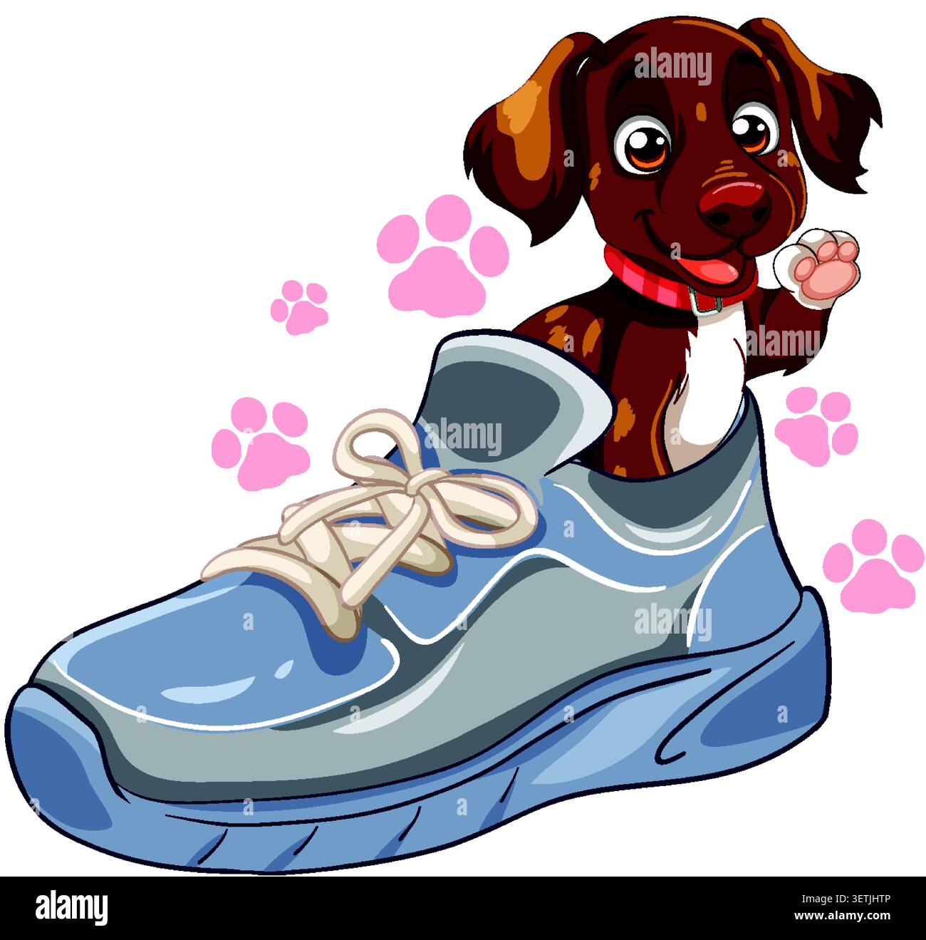 Allegri cuccioli marroni all'interno di una sneaker blu con sfondo con stampe rosa delle zampe Illustrazione Vettoriale