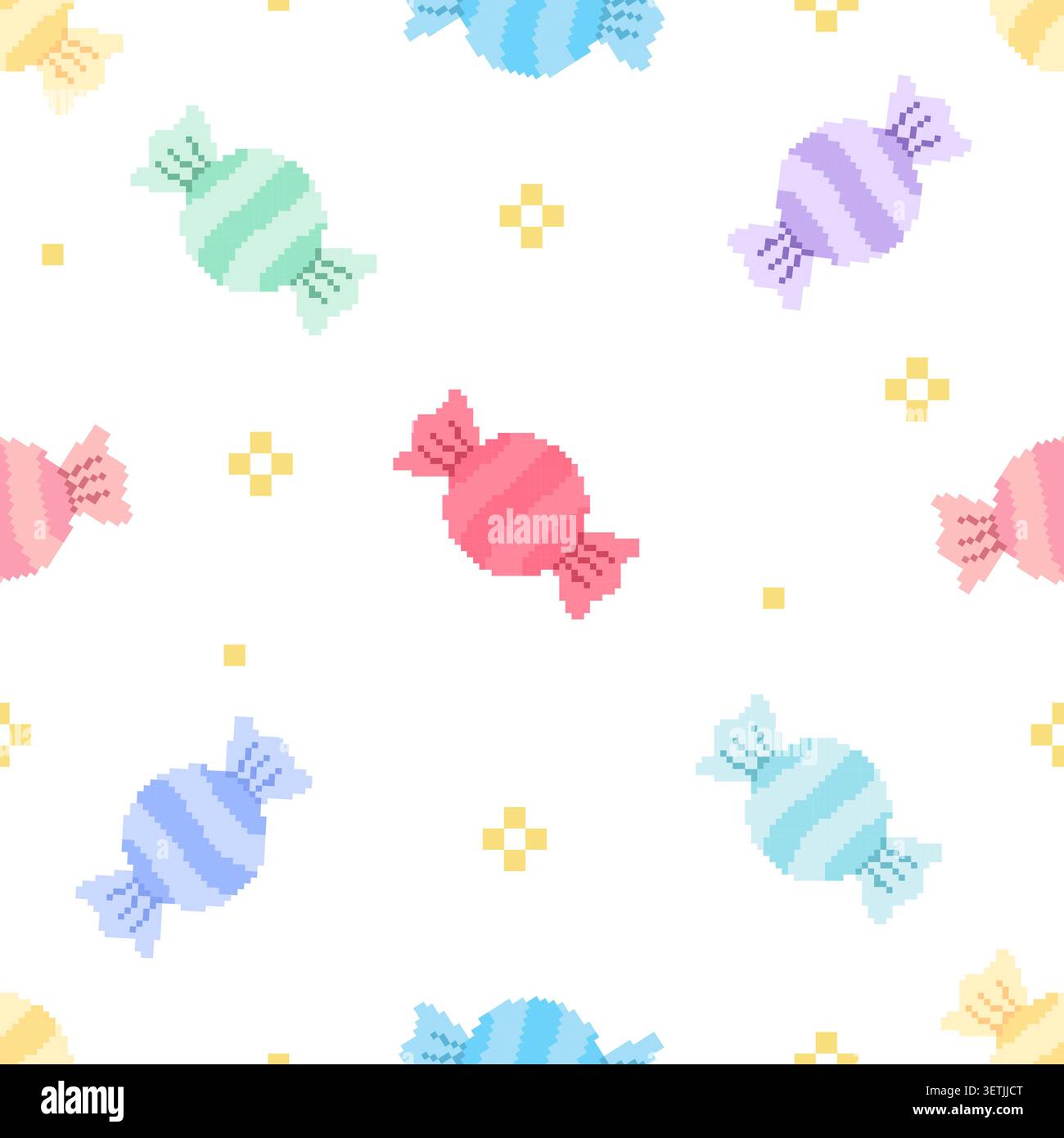 Motivo pixel art senza cuciture con caramelle colorate avvolte in tonalità rosa pastello, blu, viola, menta e giallo. Carino sfondo retrò ideale Illustrazione Vettoriale