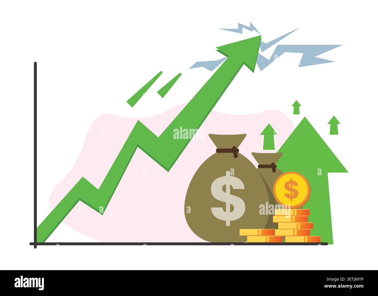 Illustrazione vettoriale piatta che mostra la crescita finanziaria verso l'alto con frecce in aumento, sacchetti di denaro e monete impilate, che rappresentano il successo degli investimenti, profitto gr Illustrazione Vettoriale