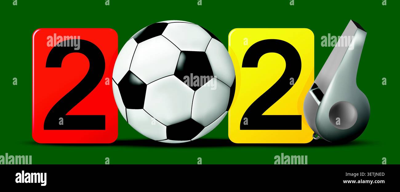 2026 testo con una palla da calcio che sostituisce zero, cartellino rosso e giallo e fischietto che sostituisce sei. striscione della coppa del mondo 2026. Illustrazione vettoriale. Illustrazione Vettoriale