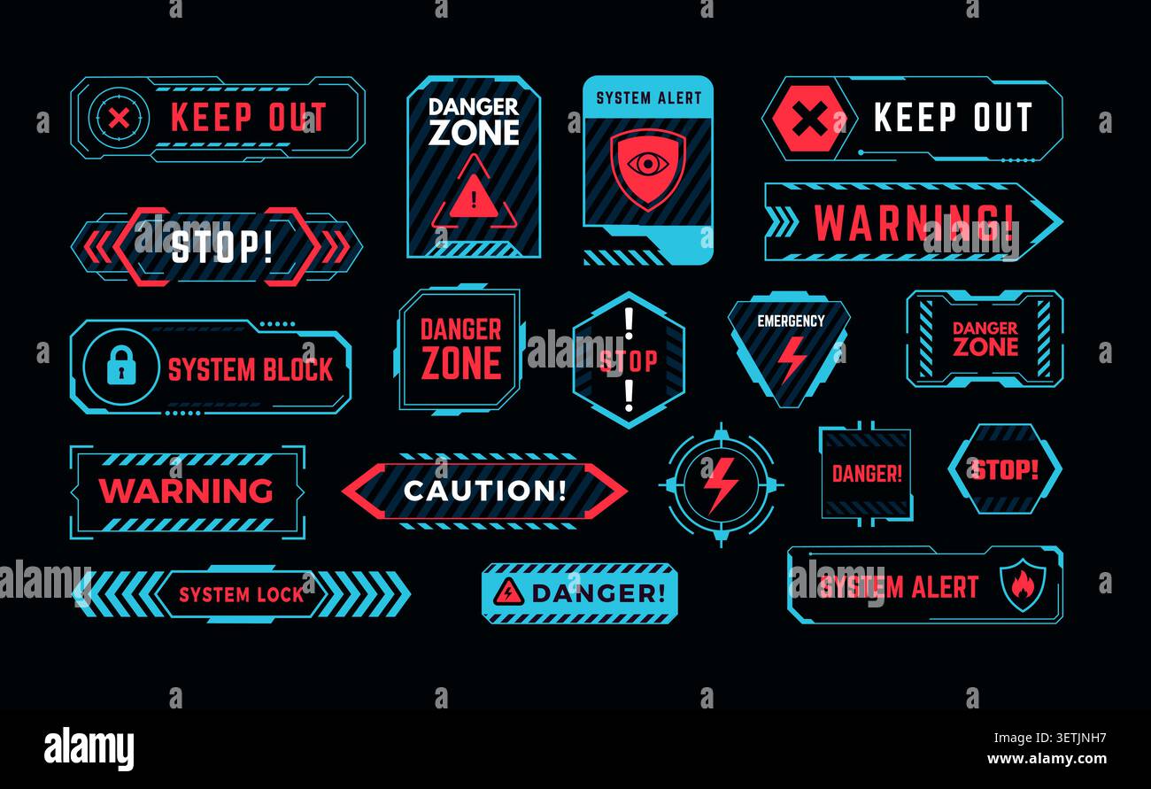 Cyber-avviso. Etichette futuristiche di pericolo vettoriale con avvisi di hack segnali di blocco del sistema ed elementi di interfaccia di sicurezza recentemente impostati Illustrazione Vettoriale