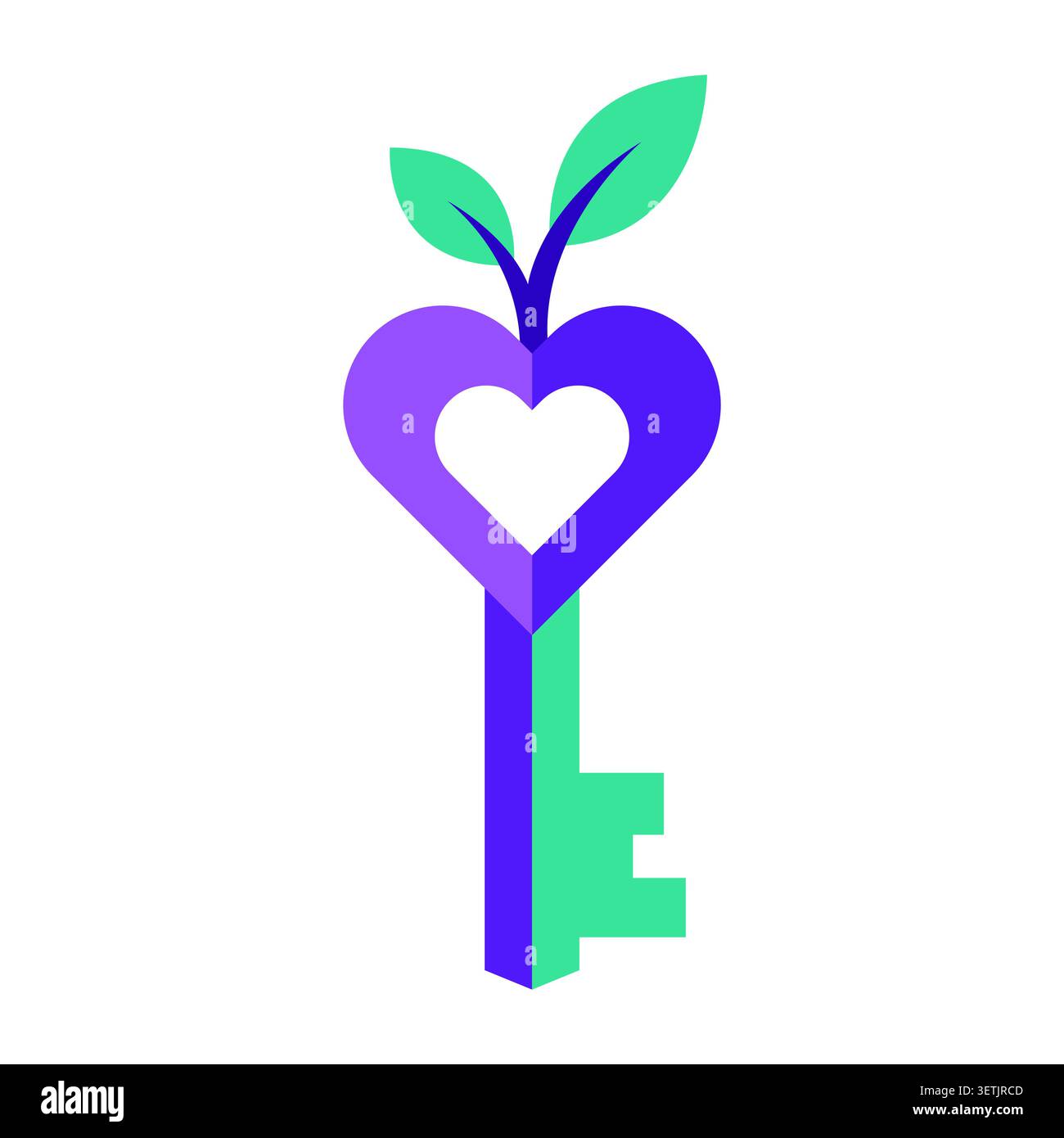Chiave concettuale a forma di cuore con foglie verdi in crescita Illustrazione Vettoriale