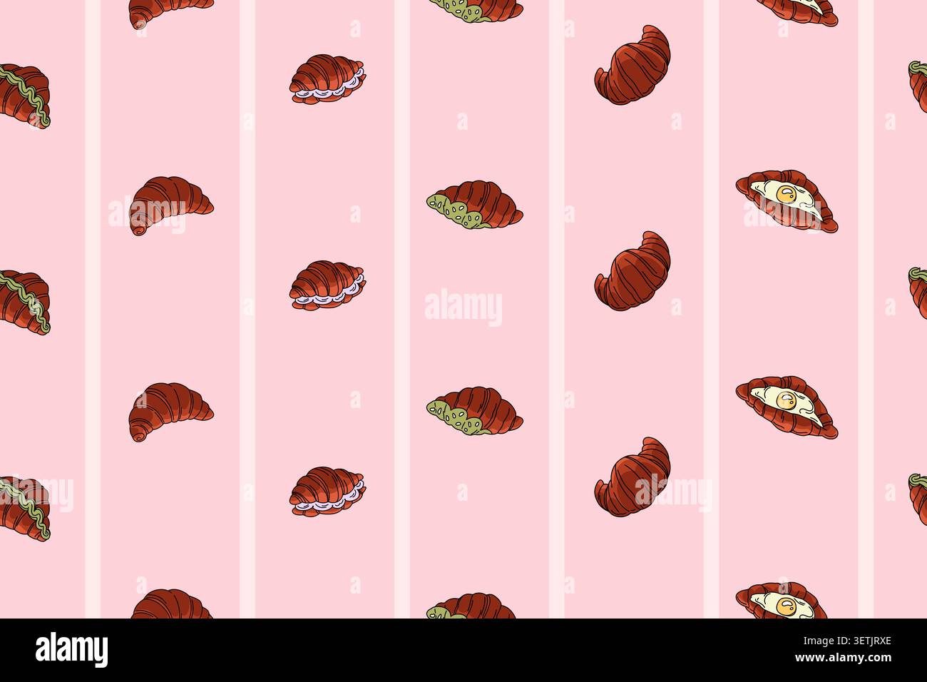 Motivo a strisce bianche minimalista sul rosa con mini croissant, pasta sfoglia croccante prodotta da Paper and Fabric Bakery. Illustrazione vettoriale Illustrazione Vettoriale