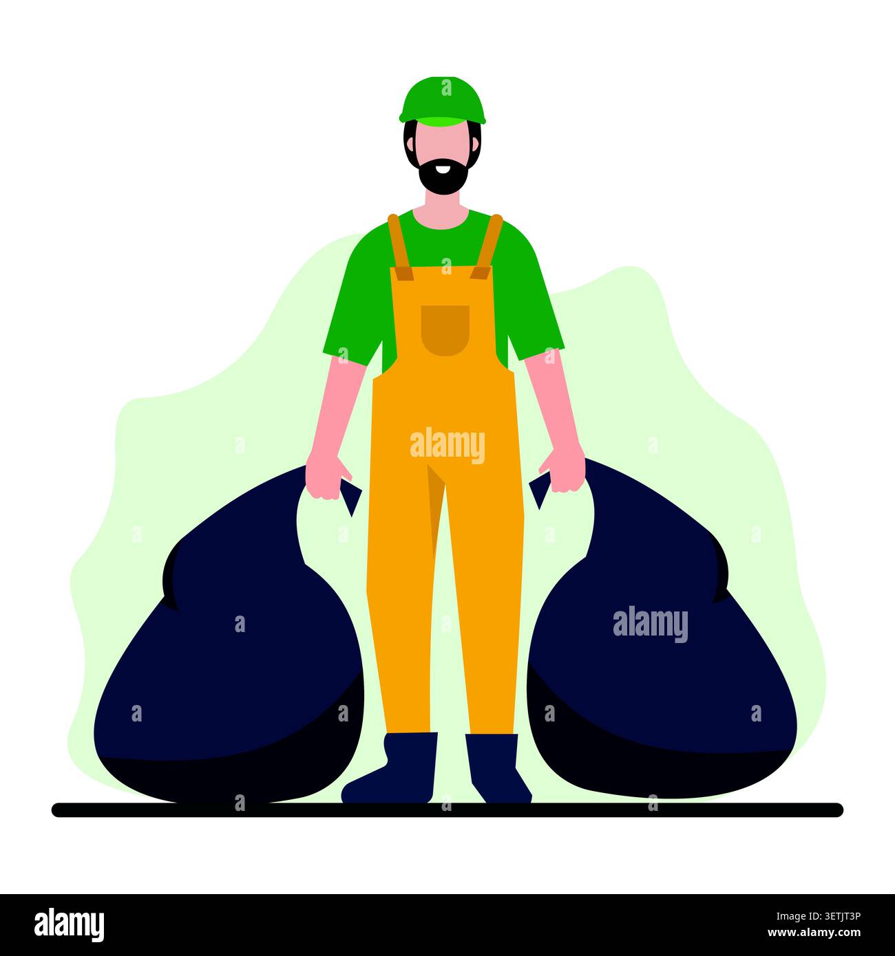 Immagine vettoriale piatta di un operatore sanitario che trasporta sacchetti per la spazzatura, che rappresenta la gestione dei rifiuti, i servizi ambientali, la pulizia urbana, il riciclaggio Illustrazione Vettoriale