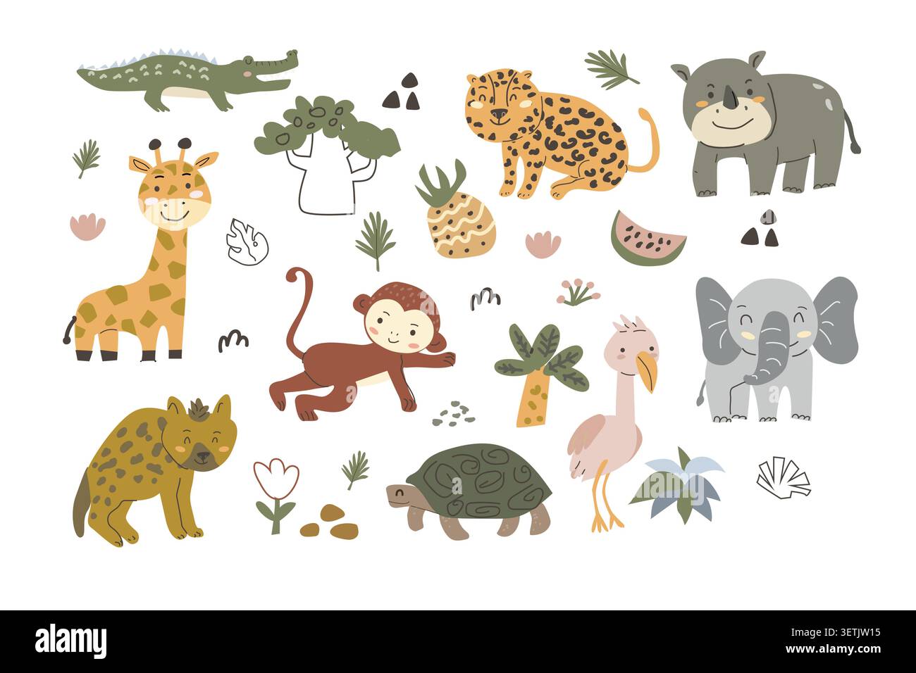 Grazioso animale africano ambientato in stile scandinavo. Safari di piccoli animali con elementi floreali. Leopardo, iena, giraffa, scimmia e altre creature se Illustrazione Vettoriale