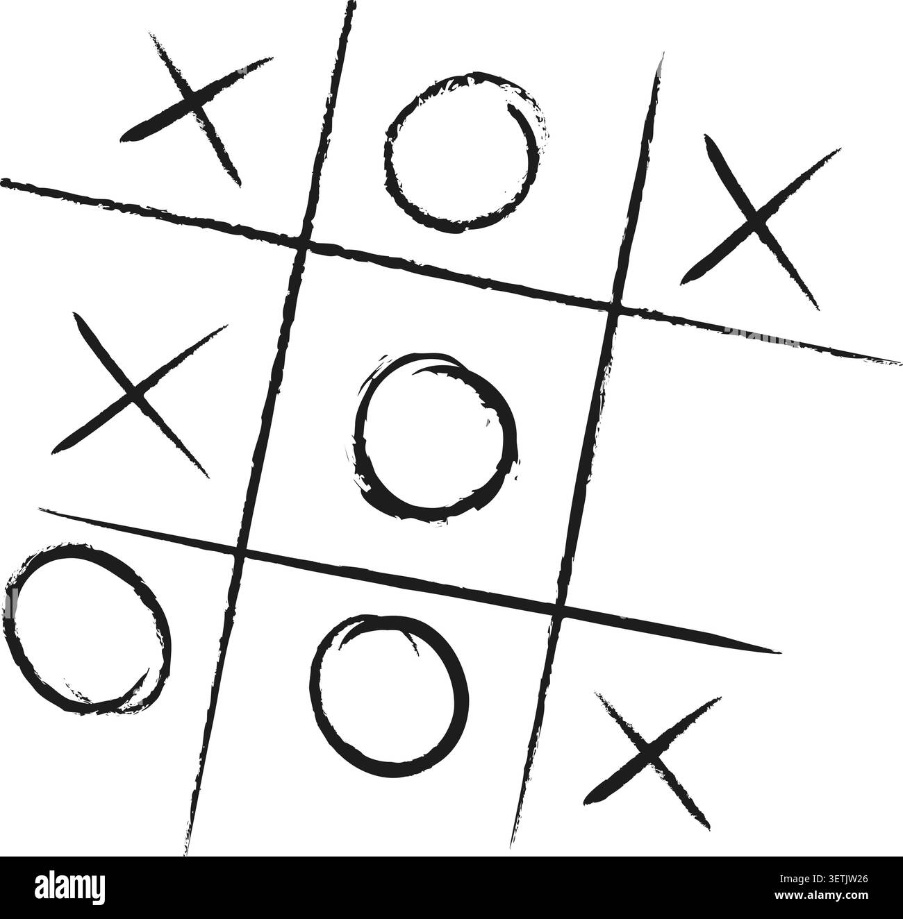 Griglia di gioco TIC-tac-toe disegnata a mano con pennellate a inchiostro nero, con X e OS Illustrazione Vettoriale