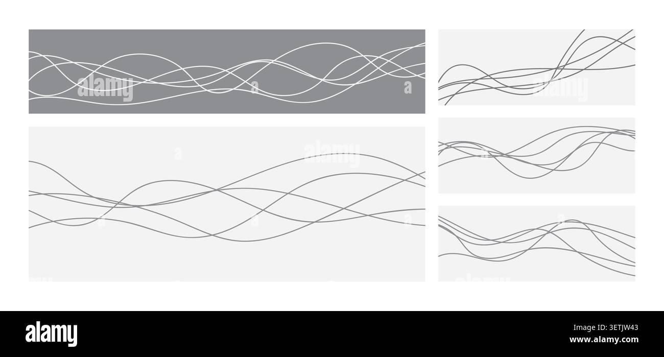 Linee di cavi a scoppio nere, ondulato e curvato. Elemento lungo irregolare Wiggly isolato su sfondo bianco, illustrazione vettoriale. Illustrazione Vettoriale