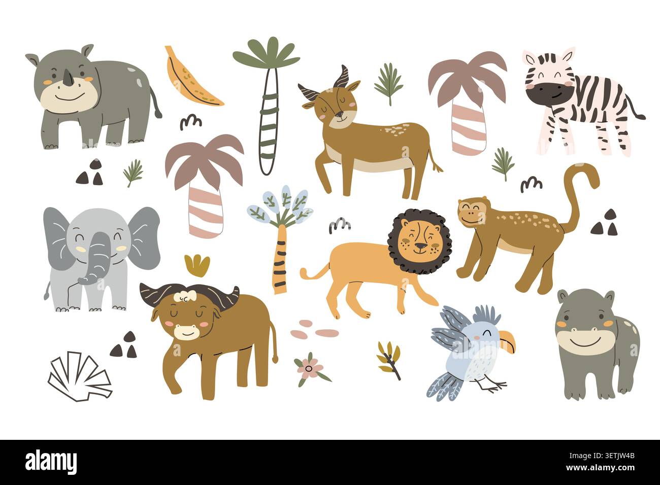 Simpatici animali da safari in stile scandinavo. Illustrazione vettoriale di leoni, elefanti, rinoceronti, pappagalli e altri animali carini. Raccolta in c Illustrazione Vettoriale