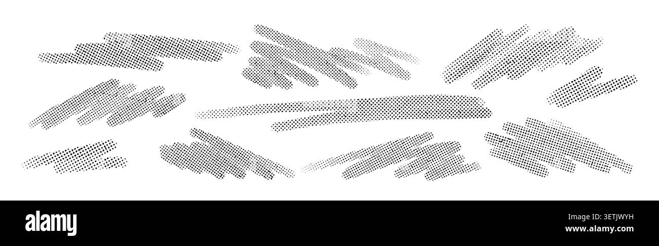 Set di trame di pennello mezzitoni grigi isolate su sfondo bianco, utili come elementi di design grunge, banner, sovrapposizioni e schiena astratta moderna Illustrazione Vettoriale