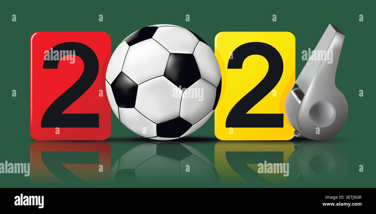 Illustrazione della Coppa del mondo di calcio 2026 con una palla da calcio che sostituisce zero, cartellino rosso e giallo e fischio che sostituisce sei. Illustrazione vettoriale. Illustrazione Vettoriale
