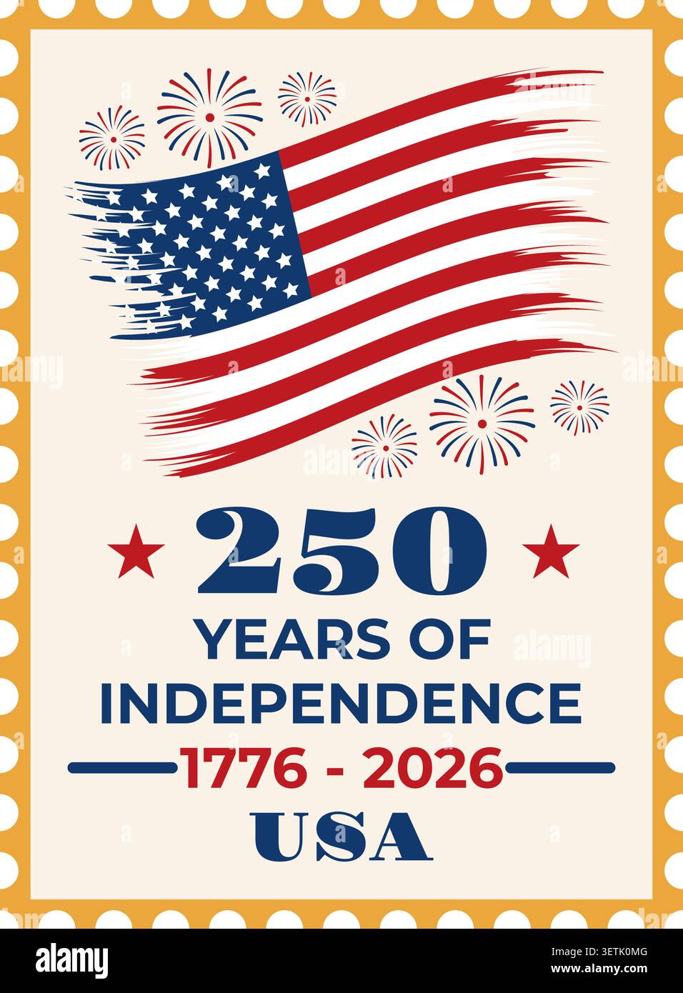 USA 250 anni di indipendenza bollo con bandiera americana e fuochi d'artificio. Illustrazione vettoriale Illustrazione Vettoriale