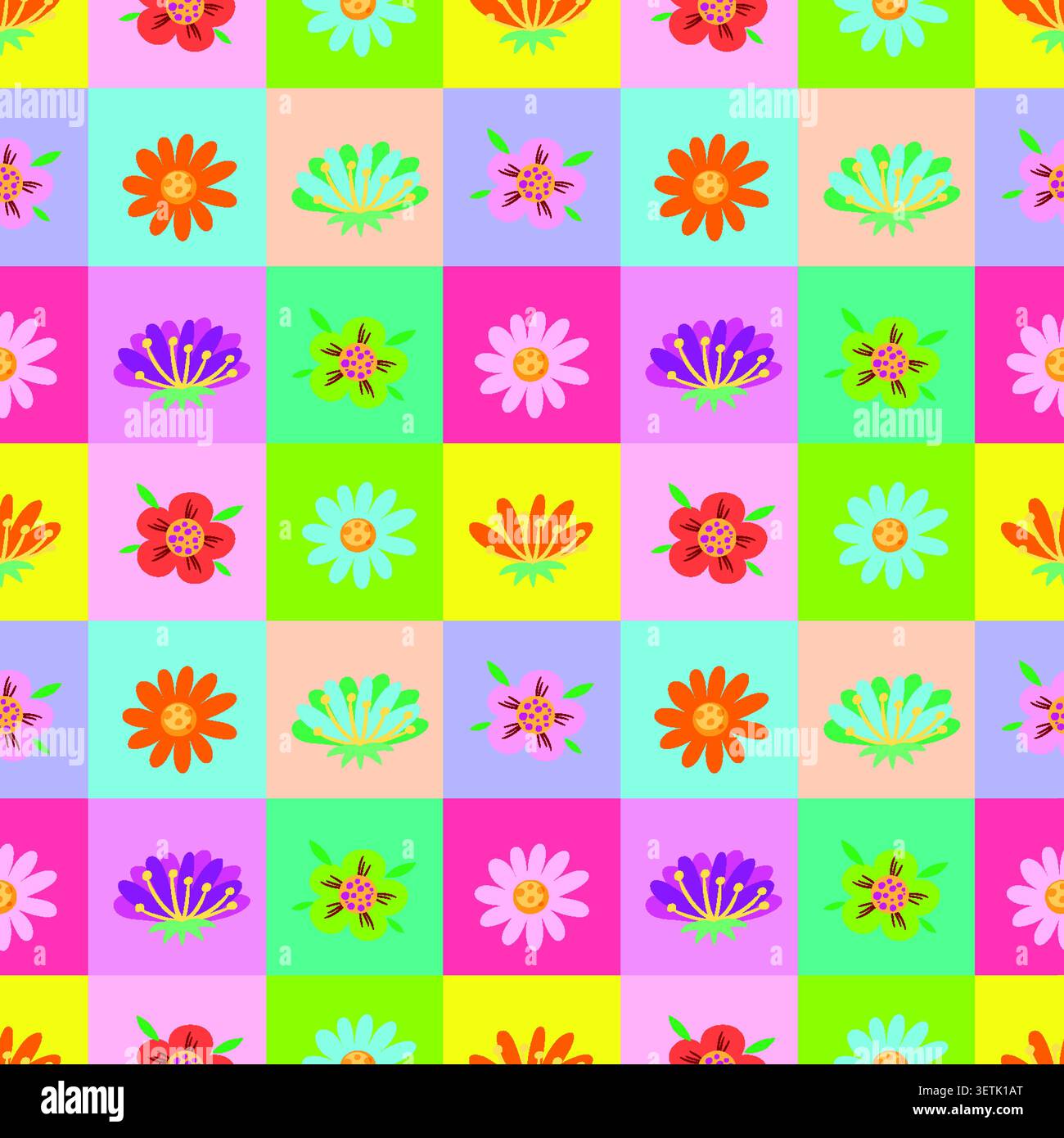 Fiori stilizzati disegnati a mano disposti in una griglia a ripetizione con luminosi quadrati pastello multicolori. Illustrazione Vettoriale