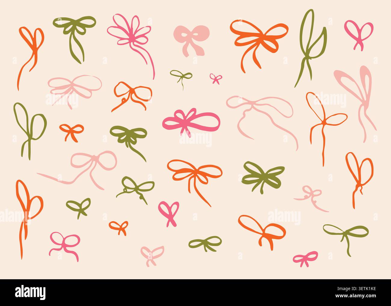 Doodle coquette con fiocchi. Disegni minimalisti a mano libera di nodi diversi e nastri regalo Illustrazione Vettoriale