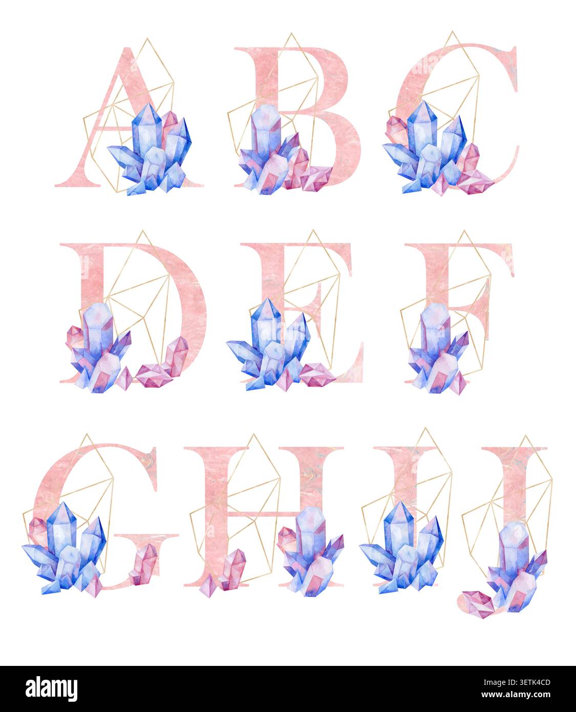 Una composizione alfabetica vettoriale a tema con cristalli eleganti e bellissimi, con lettere Da A a J, ideale per tutti i progetti creativi. Illustrazione Vettoriale