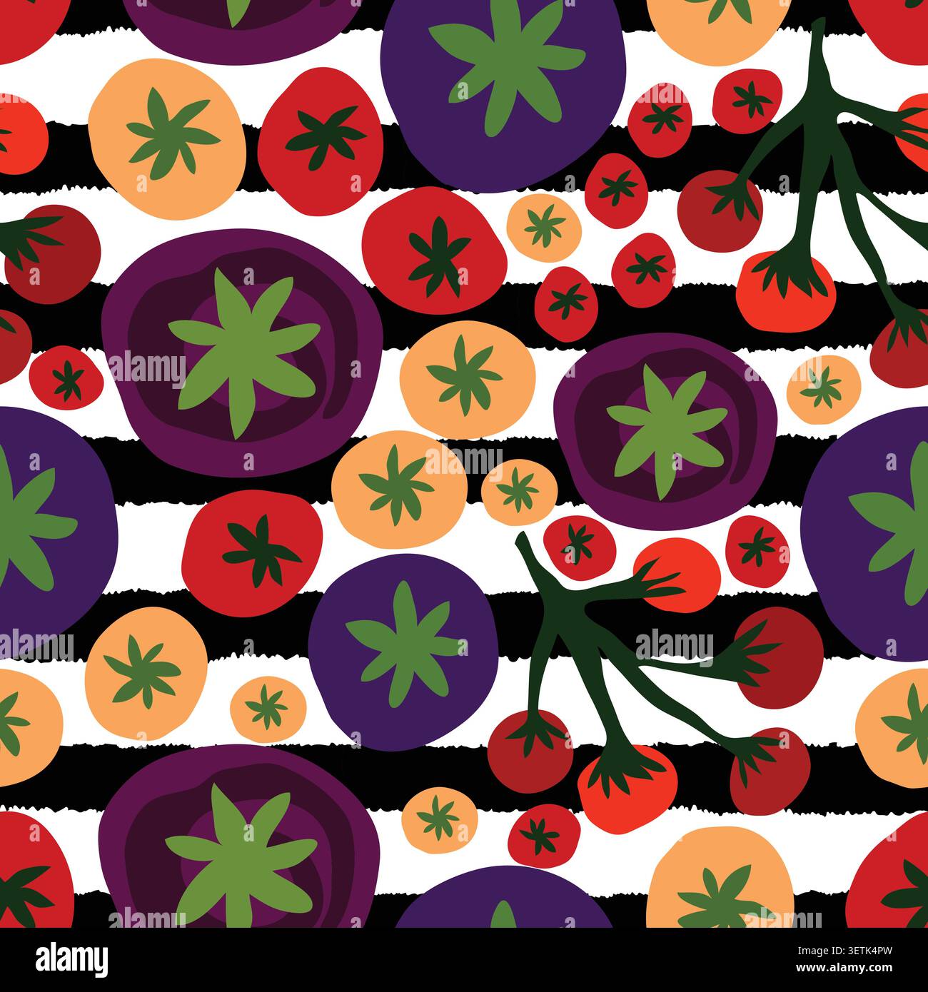 Pomodori estivi su strisce nere con sfondo bianco motivo senza cuciture Illustrazione Vettoriale