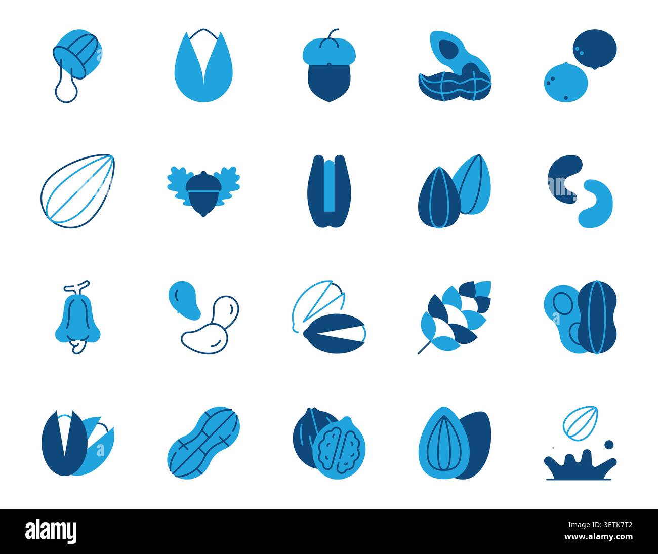 Set icone riempimento traccia modificabile dadi e semi. Illustrazione Vector arachidi, pistacchio, mandorle, mais e noce Illustrazione Vettoriale
