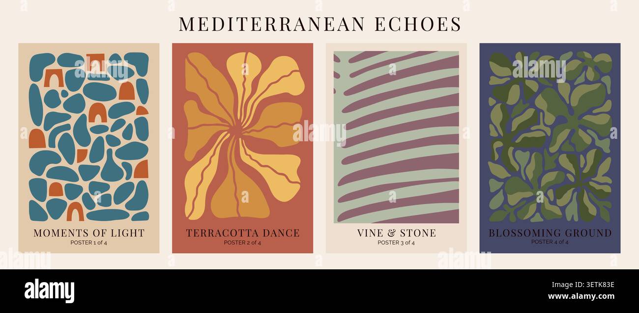 Crea poster minimalisti con composizione astratta di forme organiche ispirate all'arte mediterranea. Illustrazione Vettoriale