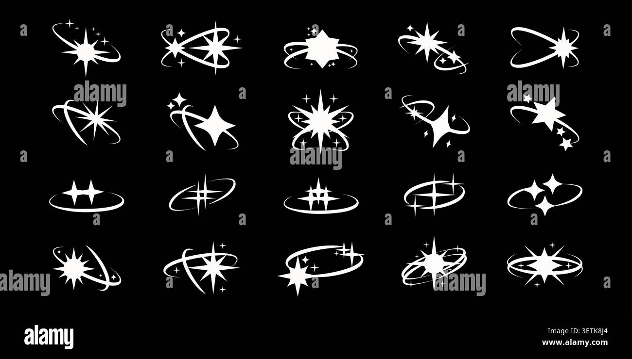 Set di stelle vettoriali futuristiche Y2K in bianco e nero. Il design geometrico astratto rétro risplende di un'estetica retrofuturistica. Illustrazione Vettoriale