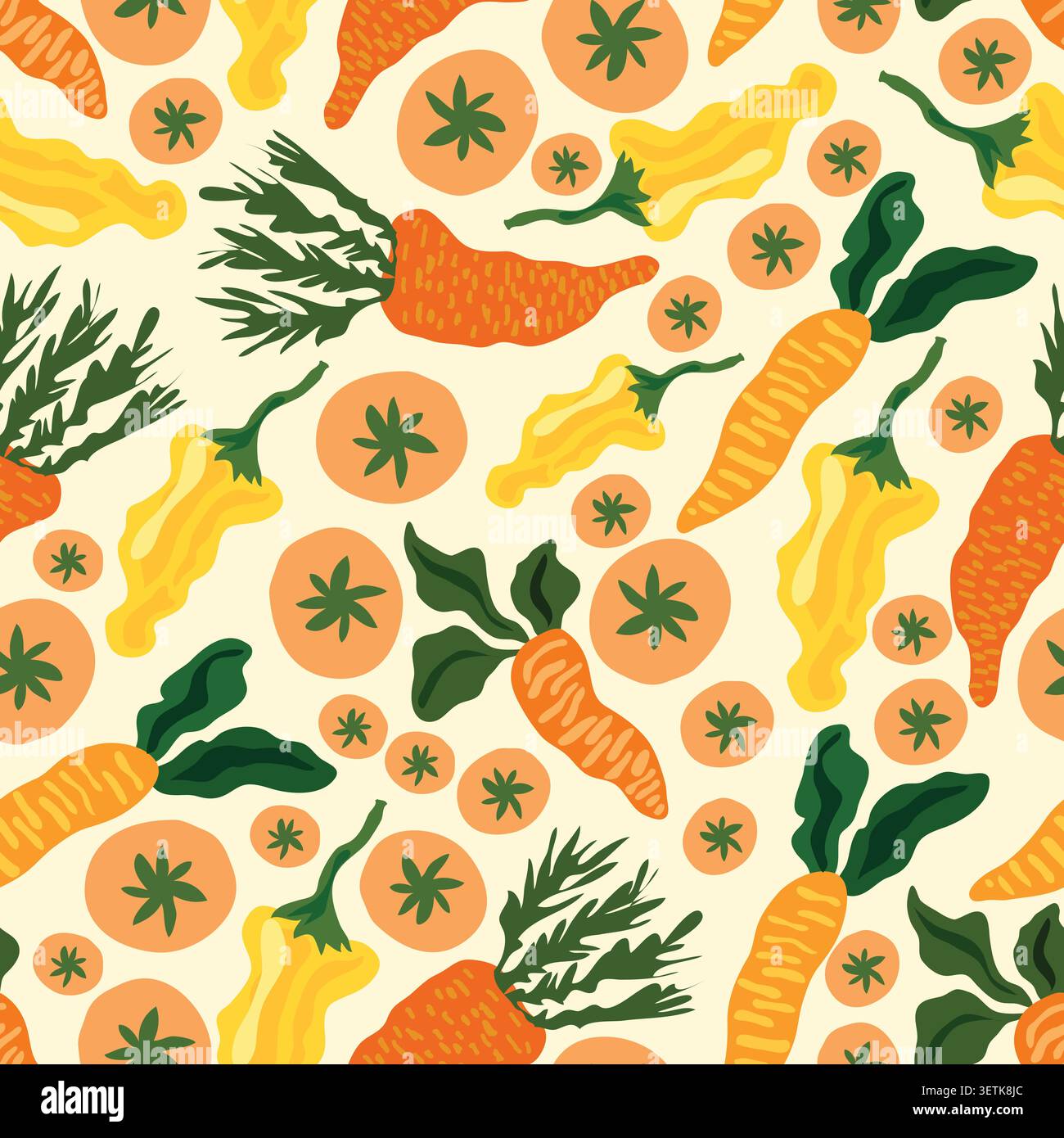 Modello vettoriale senza cuciture di carote disegnate a mano, peperoni gialli e fette di pomodoro con foglie verdi su sfondo bianco. Illustrazione Vettoriale