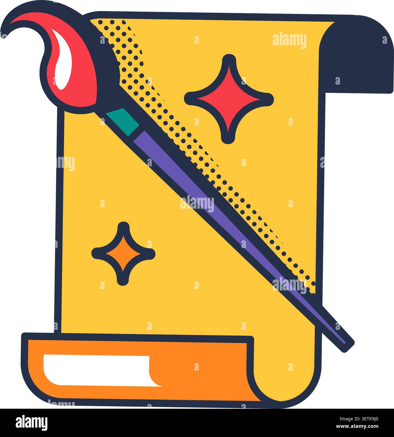 Icona di carta e pennello nello nello stile di contorno piatto, con strumenti creativi colorati per progetti artistici, illustrazioni, disegni, pitture e design Illustrazione Vettoriale