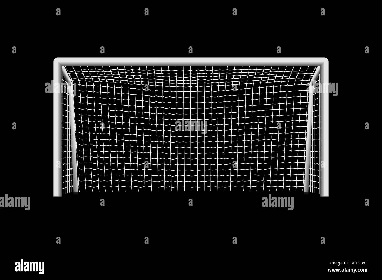 Palo per goal realistico con rete isolata su sfondo nero. Cornice da calcio professionale vista frontale, adatta per lo sport Illustrazione Vettoriale
