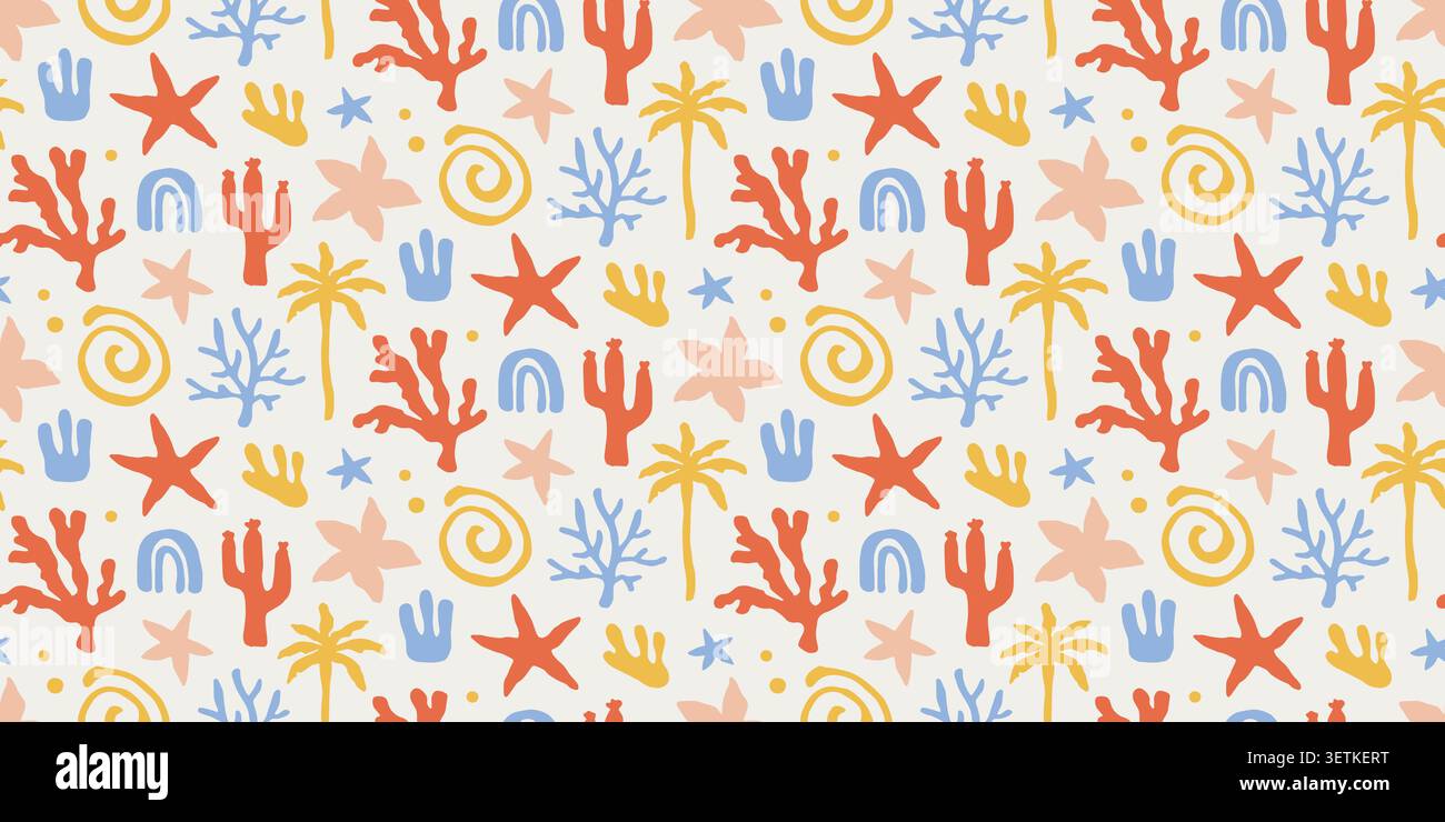 Motivi estivi con motivo vettoriale boho costiero senza cuciture Illustrazione Vettoriale