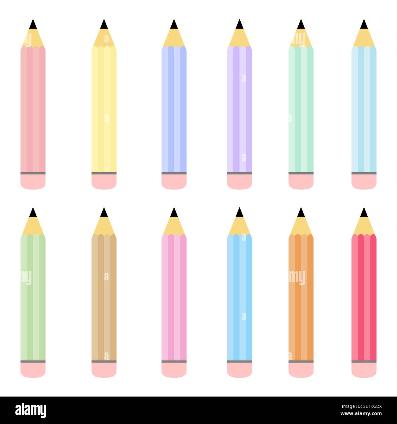 Collezione di icone a matita pastello con strumenti di scrittura colorati per temi scolastici e didattici. Design piatto vettoriale per cancelleria ideale per le aule Illustrazione Vettoriale