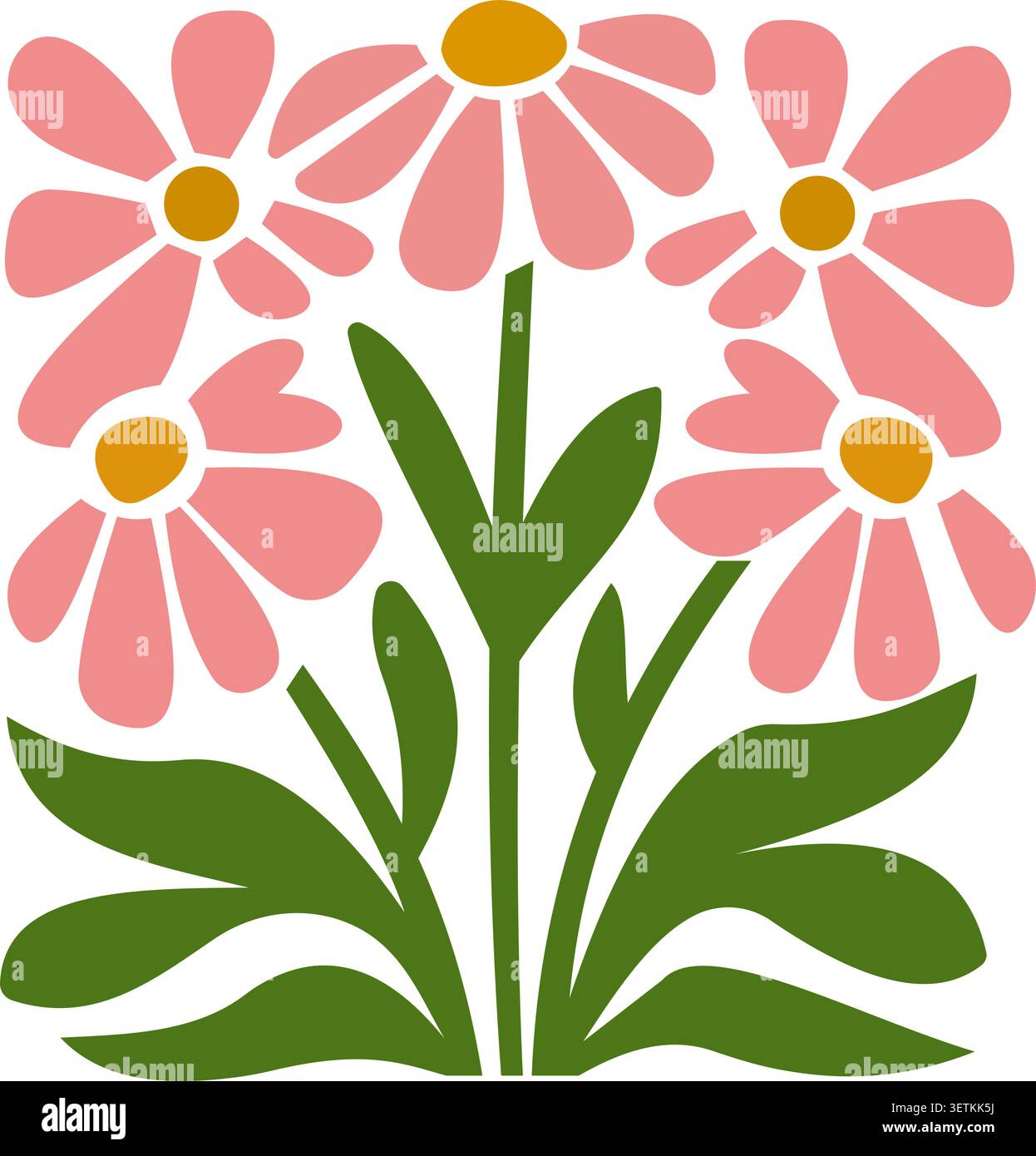 Immagine vettoriale pastello pulita di un grande bouquet di fiori in stile margherita con fiori di cinque petali in rosa tenue, pesca e giallo dorato caldo. Include gr Illustrazione Vettoriale