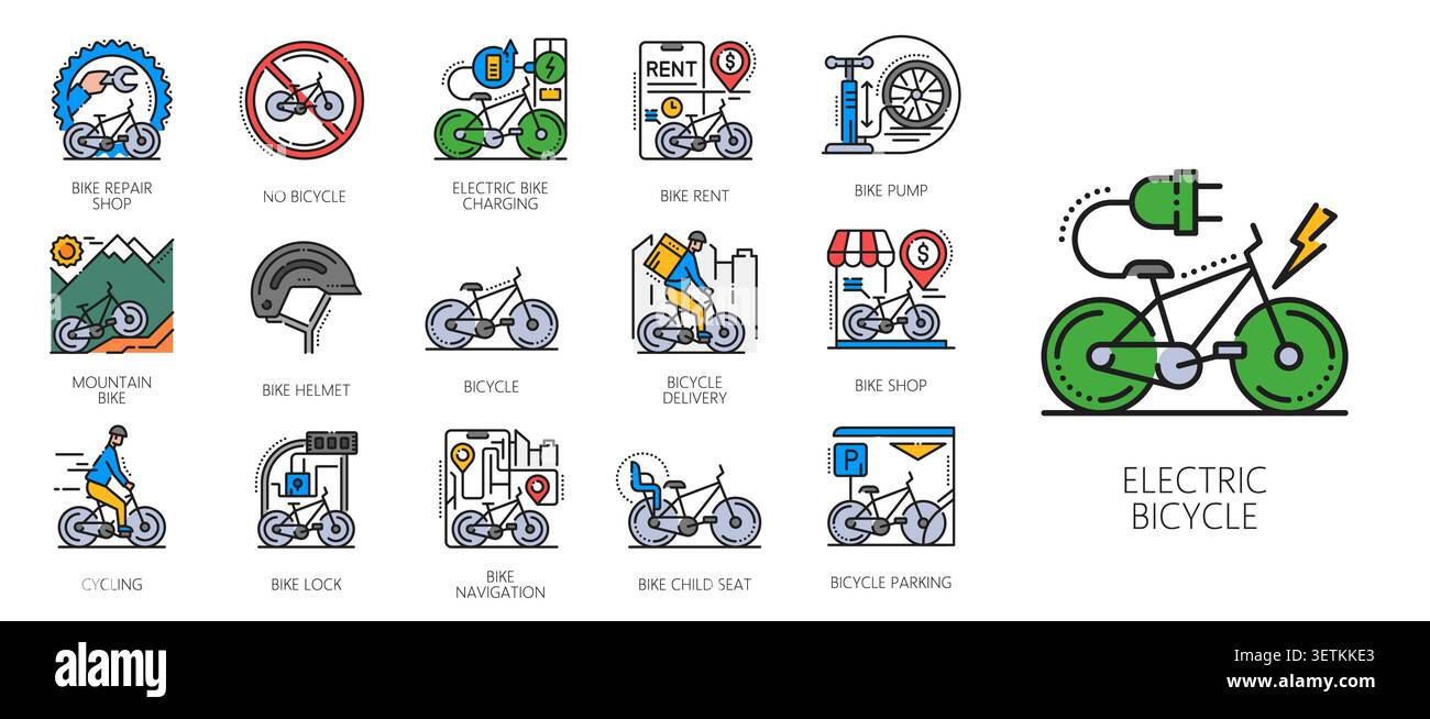 Icone a colori per la linea di biciclette e il servizio bici. Riparazione di biciclette, ricarica di biciclette elettriche, noleggio, casco e lucchetto, pompa, navigazione, consegna, parcheggio e attività ciclistiche perfette per trasporti urbani ecologici Illustrazione Vettoriale