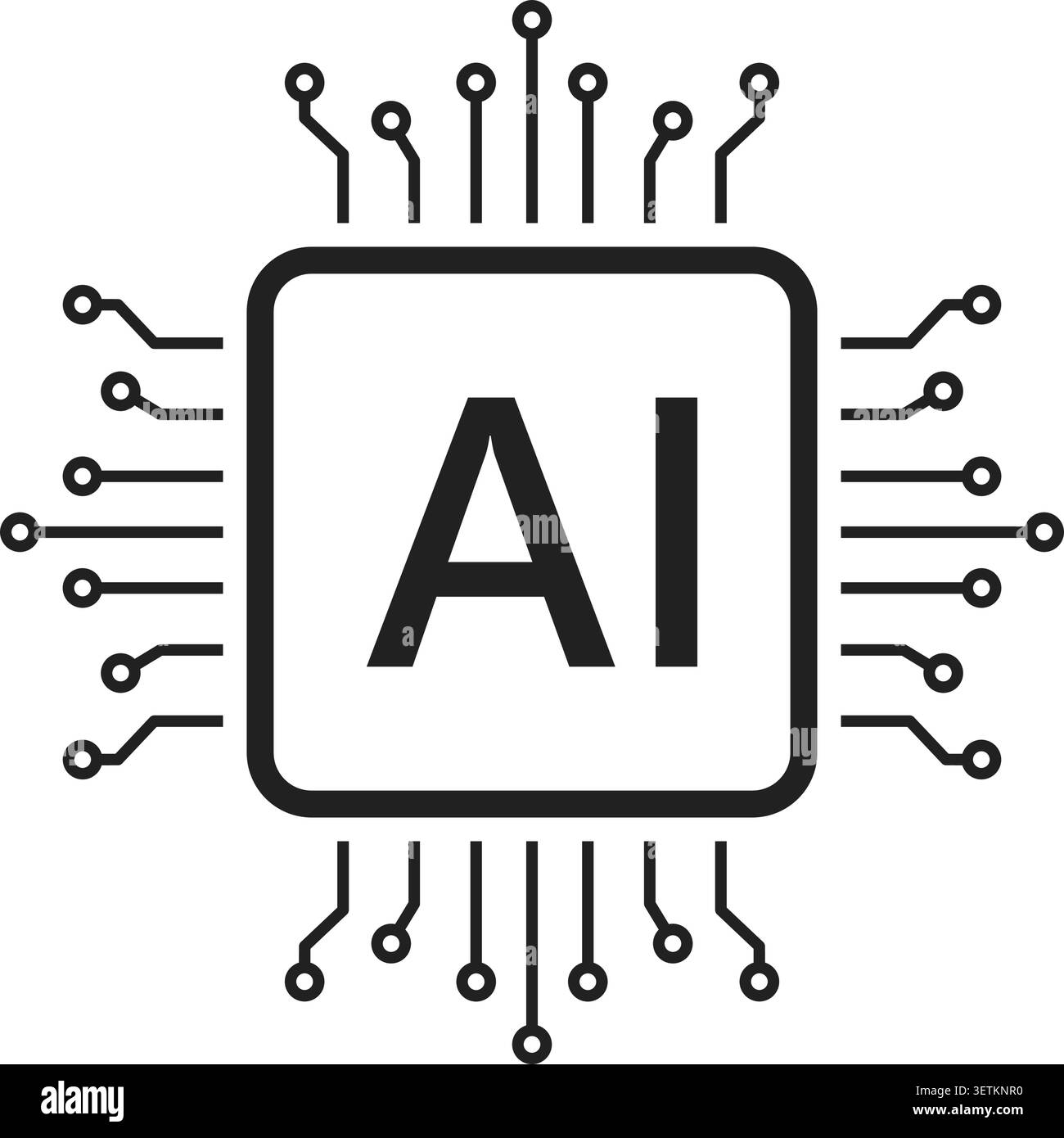 Illustrazione vettoriale dell'icona del circuito del chip del processore AI. Logo Black Line con intelligenza artificiale minima, design con tecnologia isolata Illustrazione Vettoriale