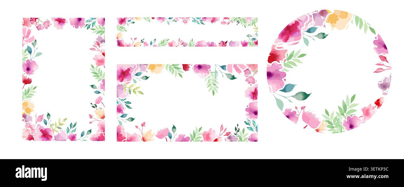Un set di bellissime cornici fatte di fiori acquerelli di varie forme. Disegnato a mano. Non ai, illustrazione vettoriale. Illustrazione Vettoriale