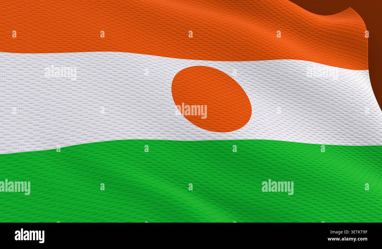 Bandiera nazionale del Niger con strisce arancioni, bianche e verdi e un disco arancione, a simboleggiare l'identità nazionale e l'orgoglio Foto Stock