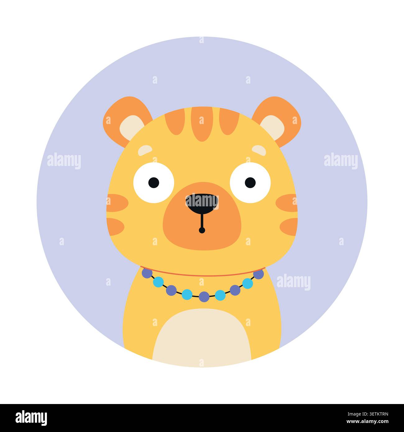 Divertente tigre con perline blu intorno al collo. Avatar, ritratto, design di social media. Illustrazione piatta vettoriale isolata su sfondo bianco. Illustrazione Vettoriale