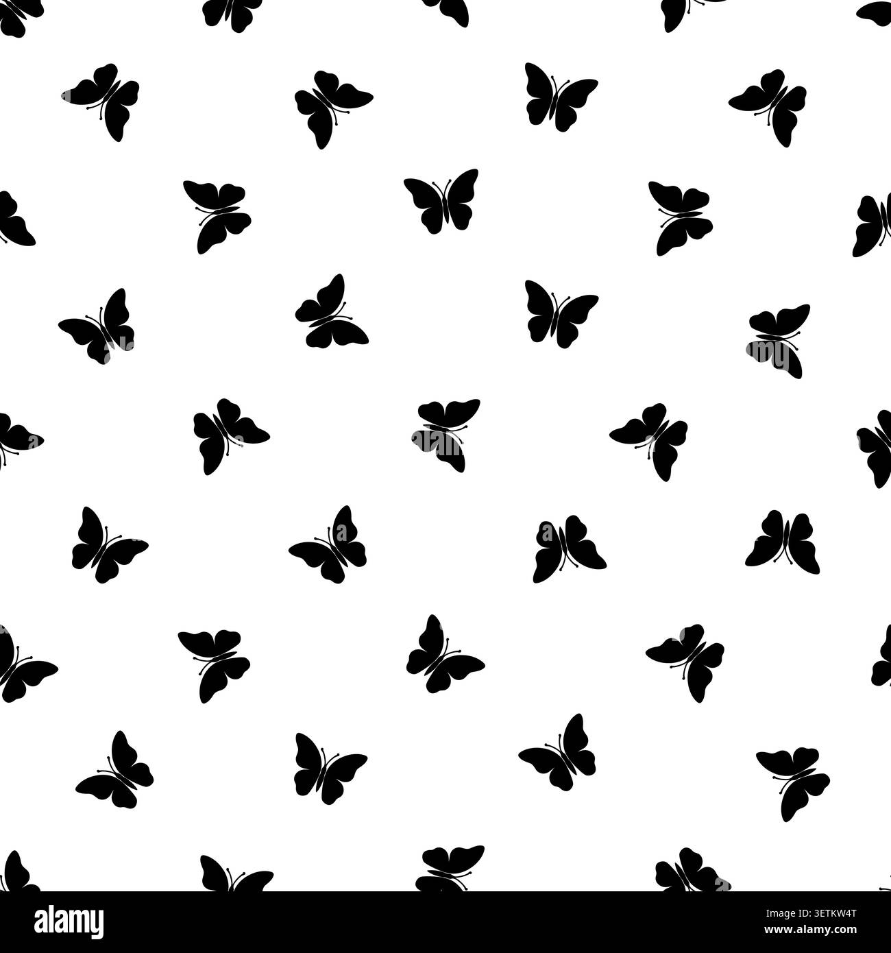Motivo senza cuciture con silhouette a farfalla nere su sfondo bianco. Design minimalista monocromatico della superficie degli insetti. Illustrazione Vettoriale