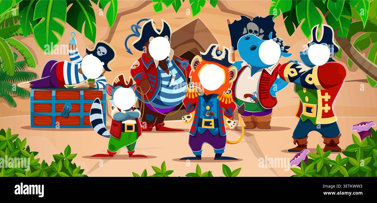 Cabina fotografica dei personaggi dei pirati degli animali caraibici con fori per le foto. Tabellone fotografico cartoni animati con leoni, ippopotami, bradipi e procioni in costumi pirati per le foto dei bambini Illustrazione Vettoriale