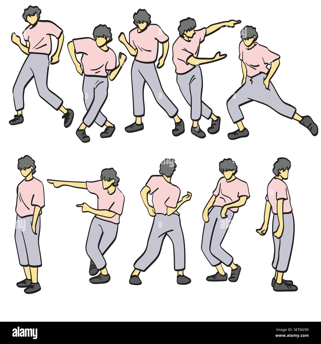 Set di ballerini in disegno vettoriale di attiione con linee nere Illustrazione Vettoriale