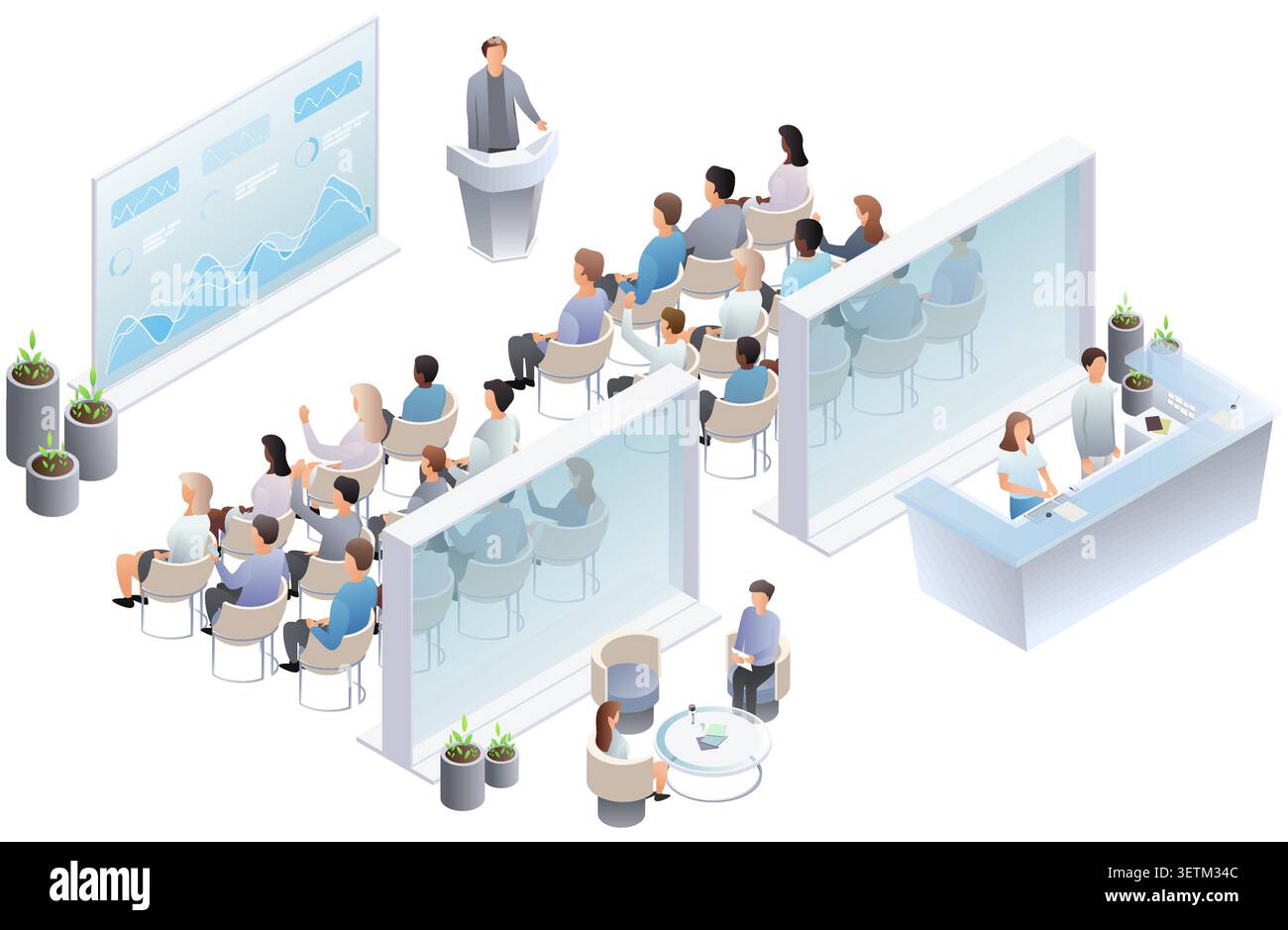 Ambiente isometrico per conferenze d'affari con speaker sul podio, pubblico che ascolta le presentazioni, reception e area lobby per aziende Illustrazione Vettoriale