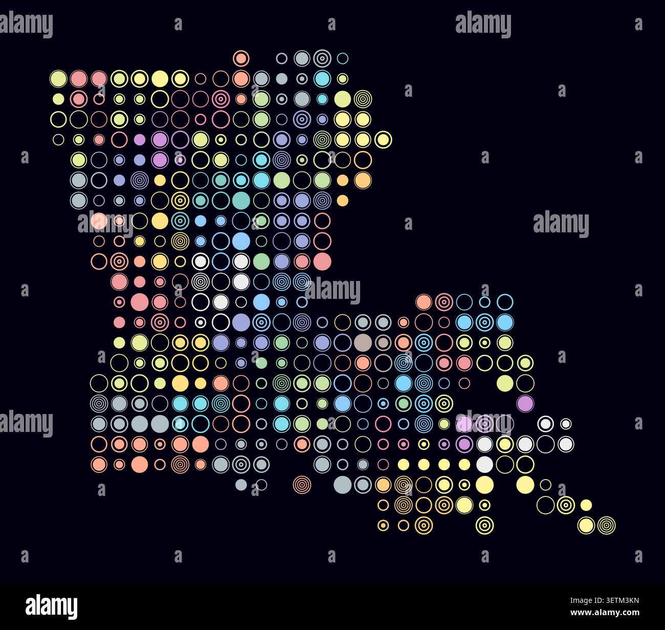 Louisiana, forma dello stato costruita con celle colorate. Mappa digitale della Louisiana su sfondo scuro. Blocchi circolari di grandi dimensioni. Illustrazione Vettoriale