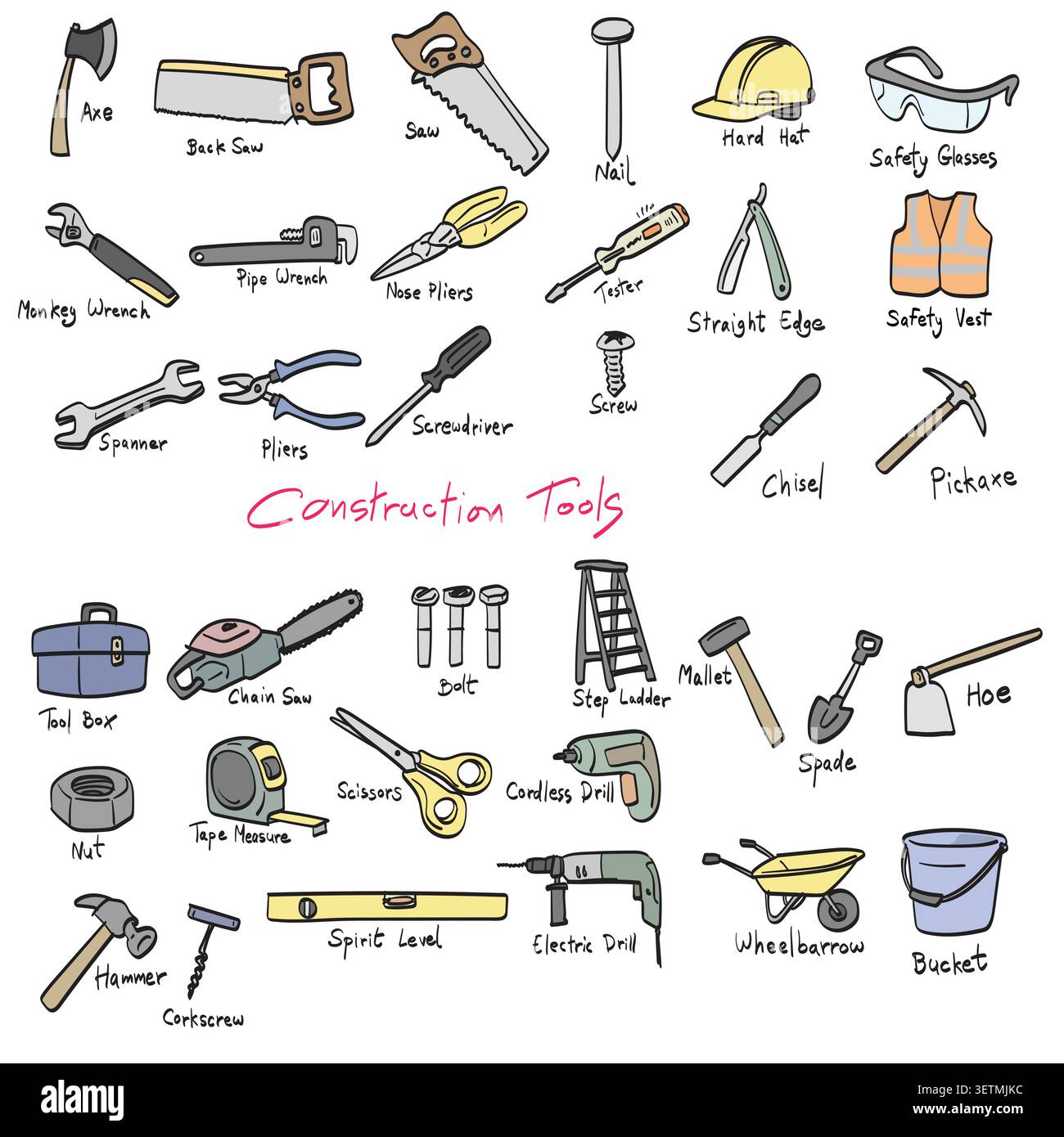 raccolta di strumenti di costruzione e riparazione illustrazione dello schizzo vettoriale con linee nere Illustrazione Vettoriale