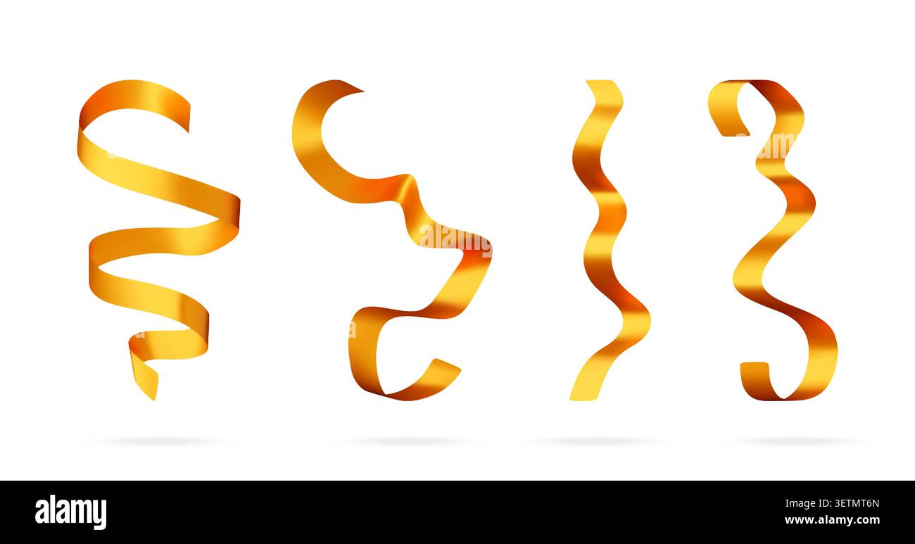 Set 3D di nastri dorati a serpentina. Illustrazione Vettoriale