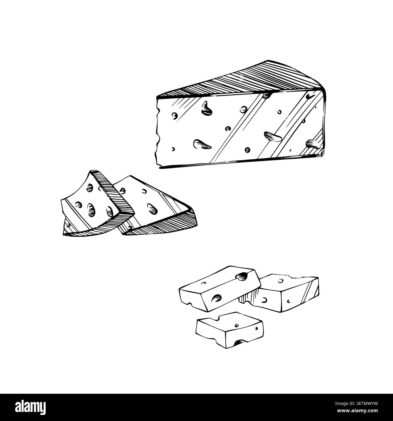 Una serie di illustrazioni di formaggi disegnati a mano e vettorizzati, raffiguranti vari tagli, fette e blocchi. Disegni in bianco e nero per menu e piatti Illustrazione Vettoriale