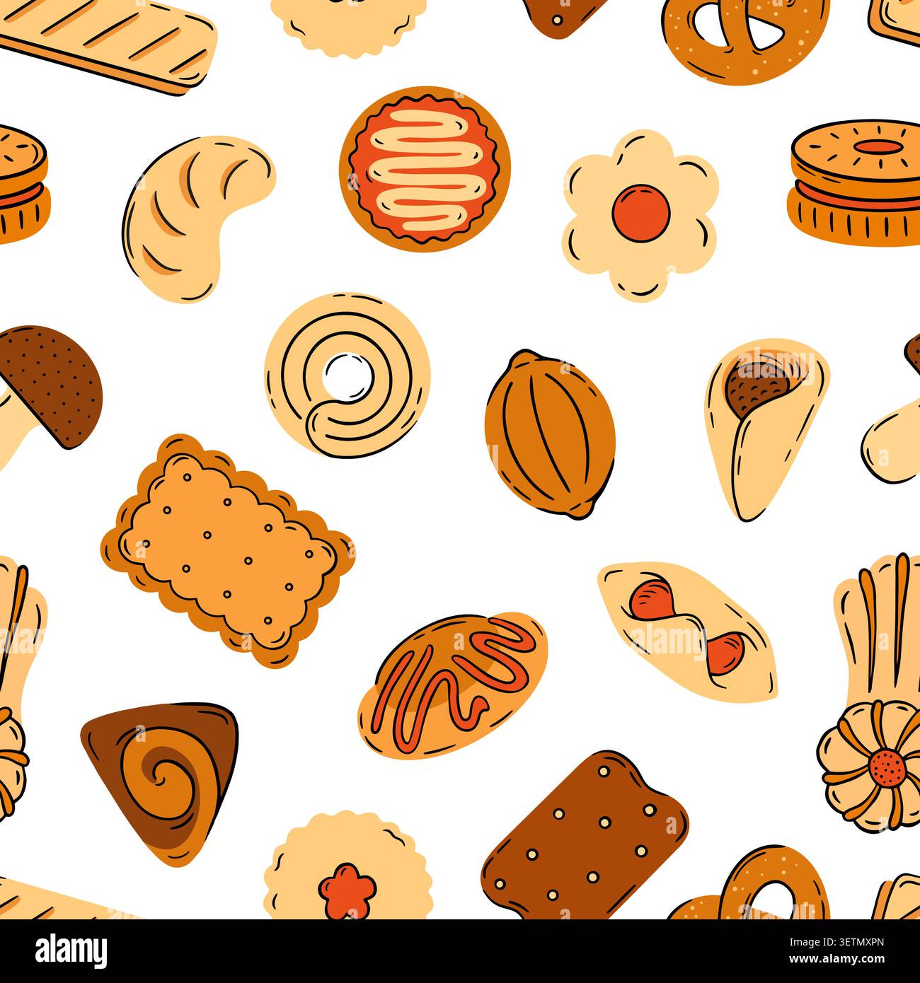 Biscotti dolci, motivo senza cuciture. Biscotti a pasta frolla con cioccolato e vaniglia, marmellata di frutta. Cibo da forno gustoso, spuntini per bambini. Stampa per tessuto, vettore Illustrazione Vettoriale